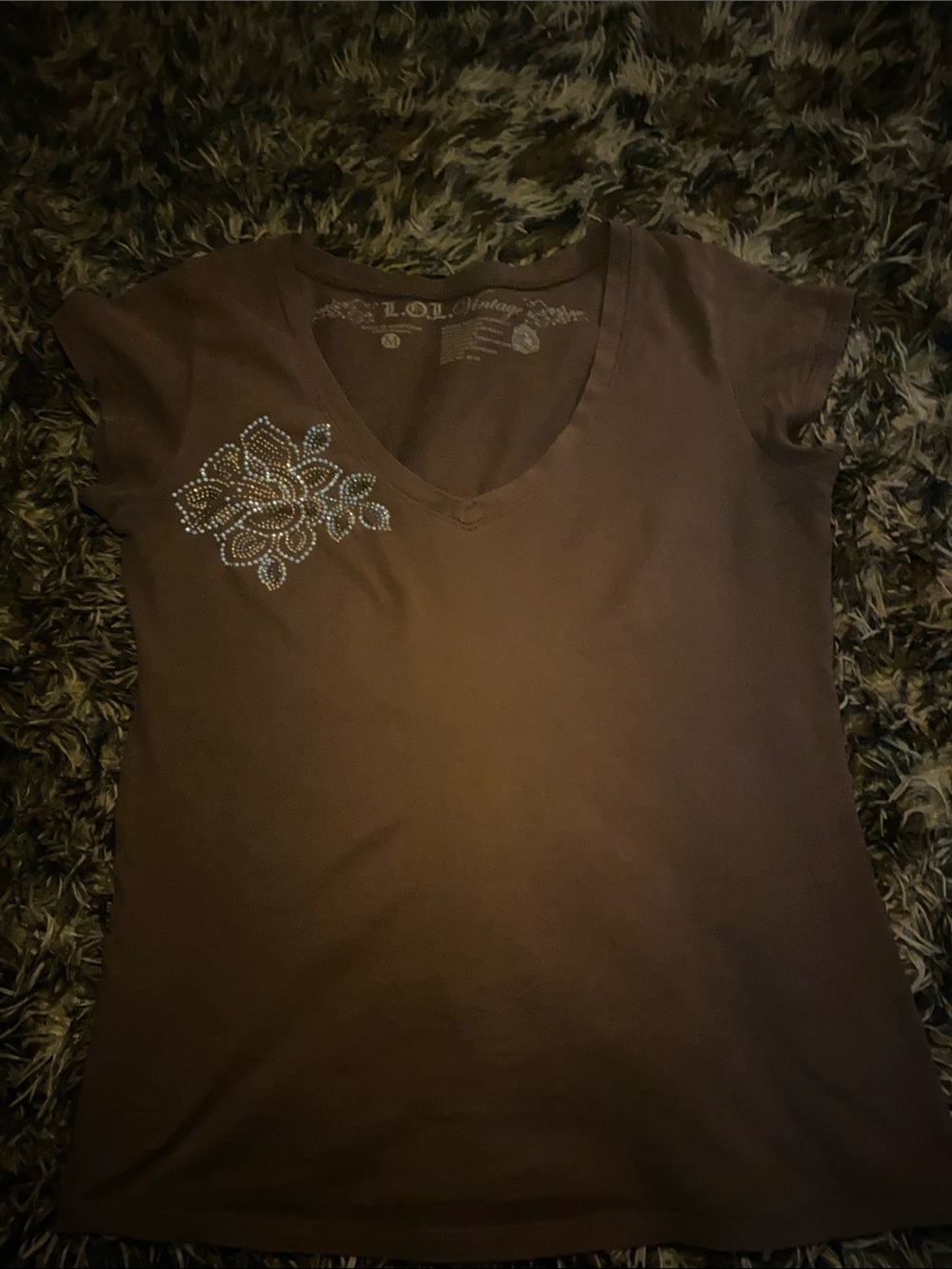 L.O.L. Vintage Brown V-Neck Tee with Rhinestone Floral Accent